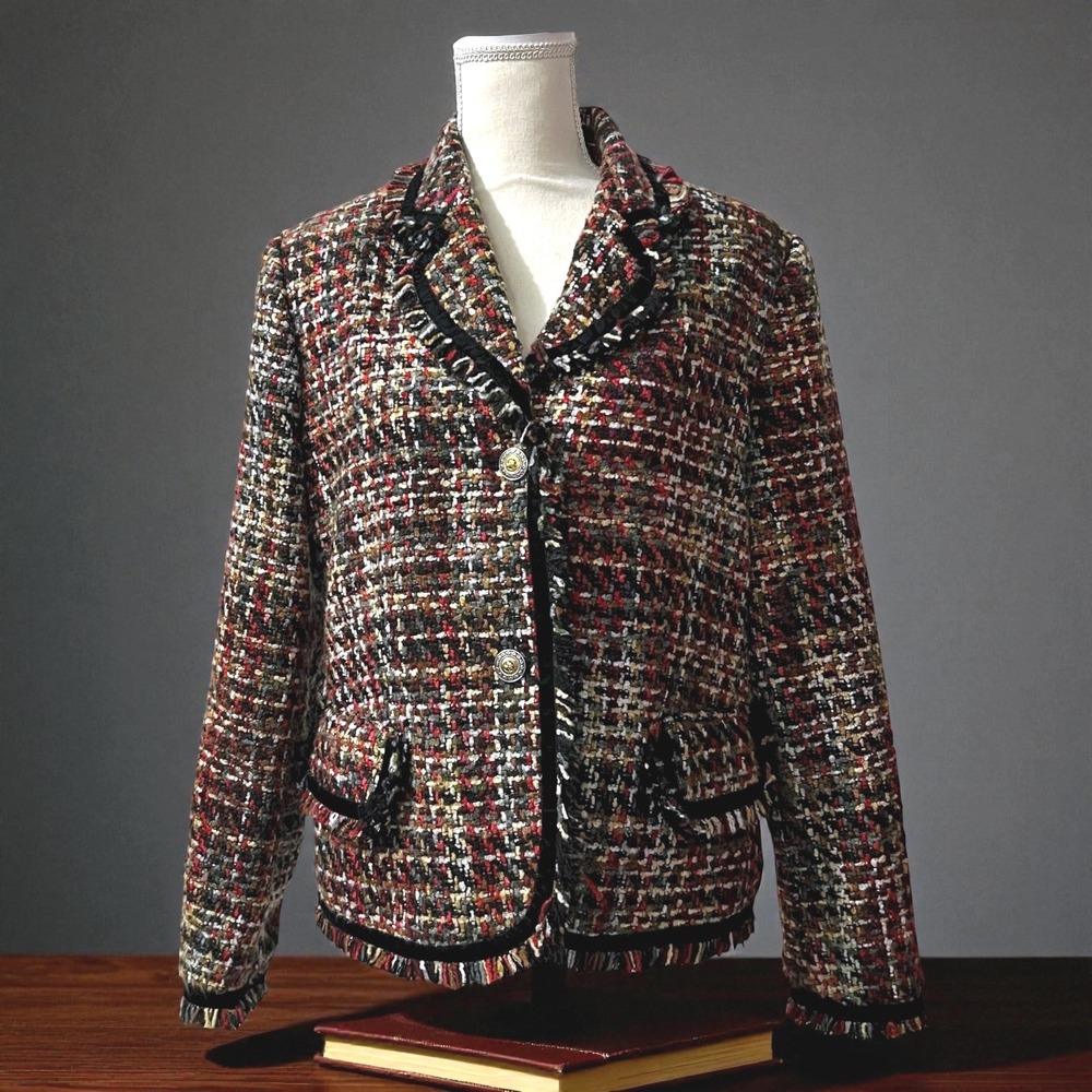 Sag Harbor Women's Tweed Blazer Jacket Multi Color Fringe Button Front ‎ Size 12